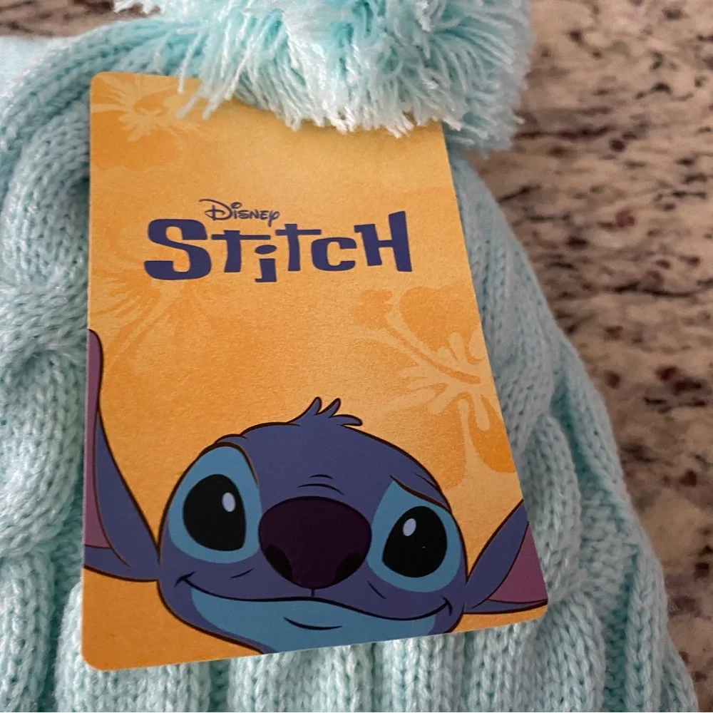Disney Lilo & Stitch girls beanie mittens set light blue winter hat pom pom nwt